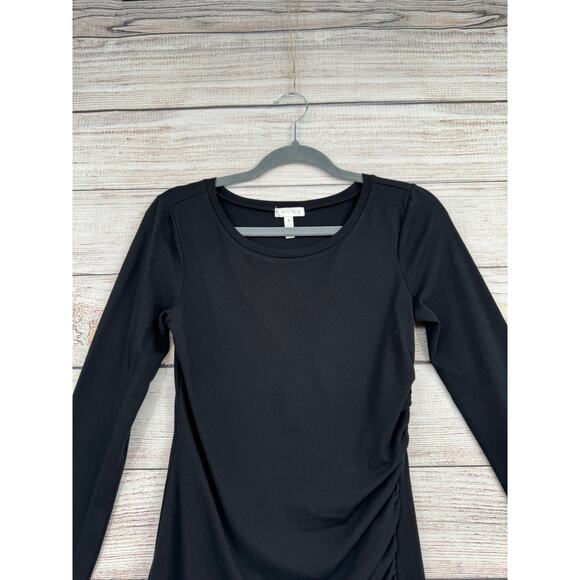 Leith Ruched Bodycon Dress Womens Small Black Long Sleeve Shirt Dress - Picture 3 of 8